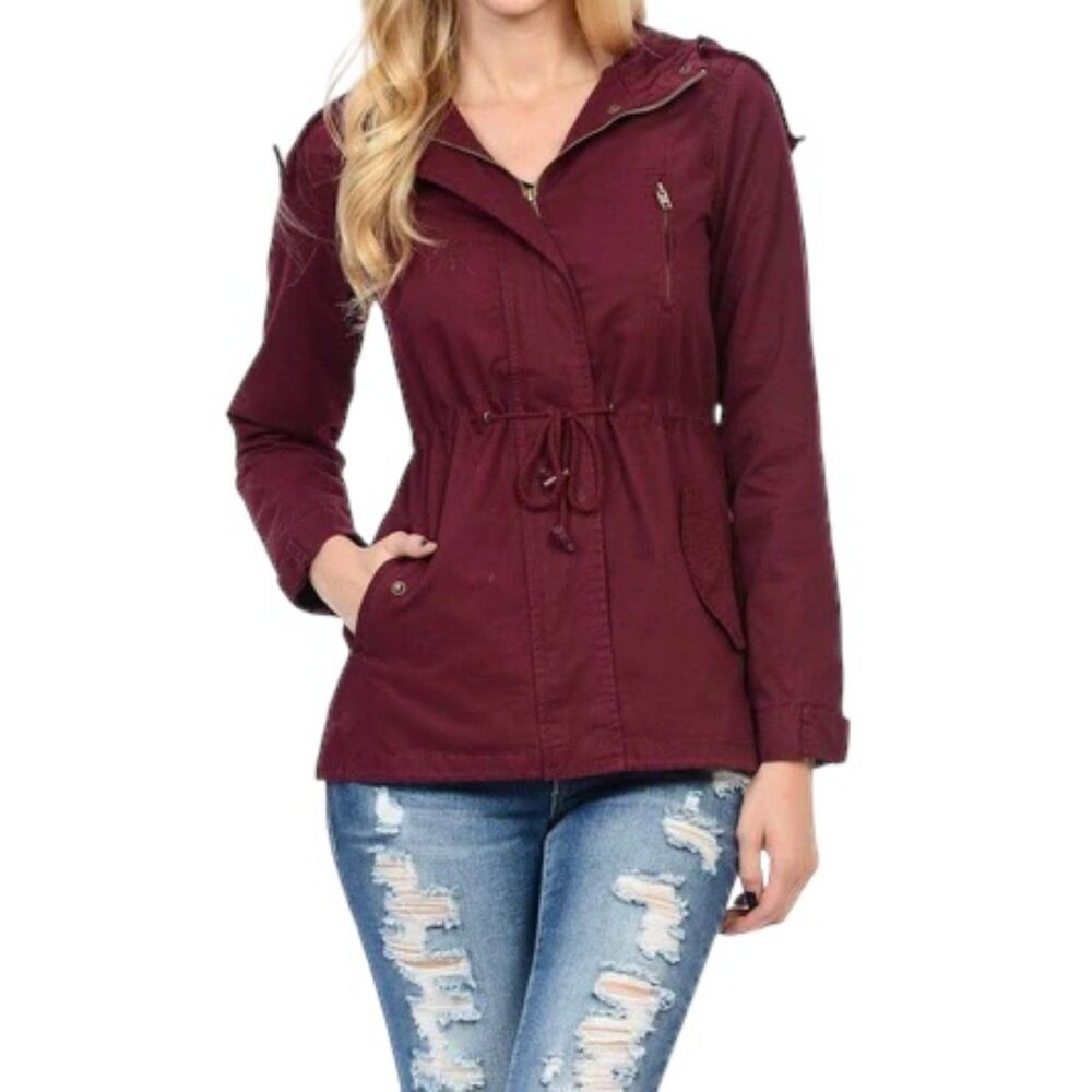 Auliné Collection Safari Utility Street Fashion Hoodie Jacket. Burgundy. Small.